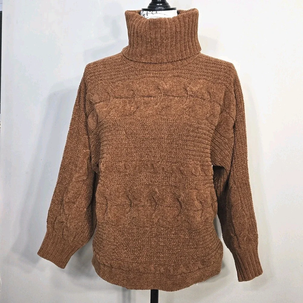 Olive & Oak Chunky Knit Turtleneck Sweater L Rust‎ Orange Textured Cozy Pullover